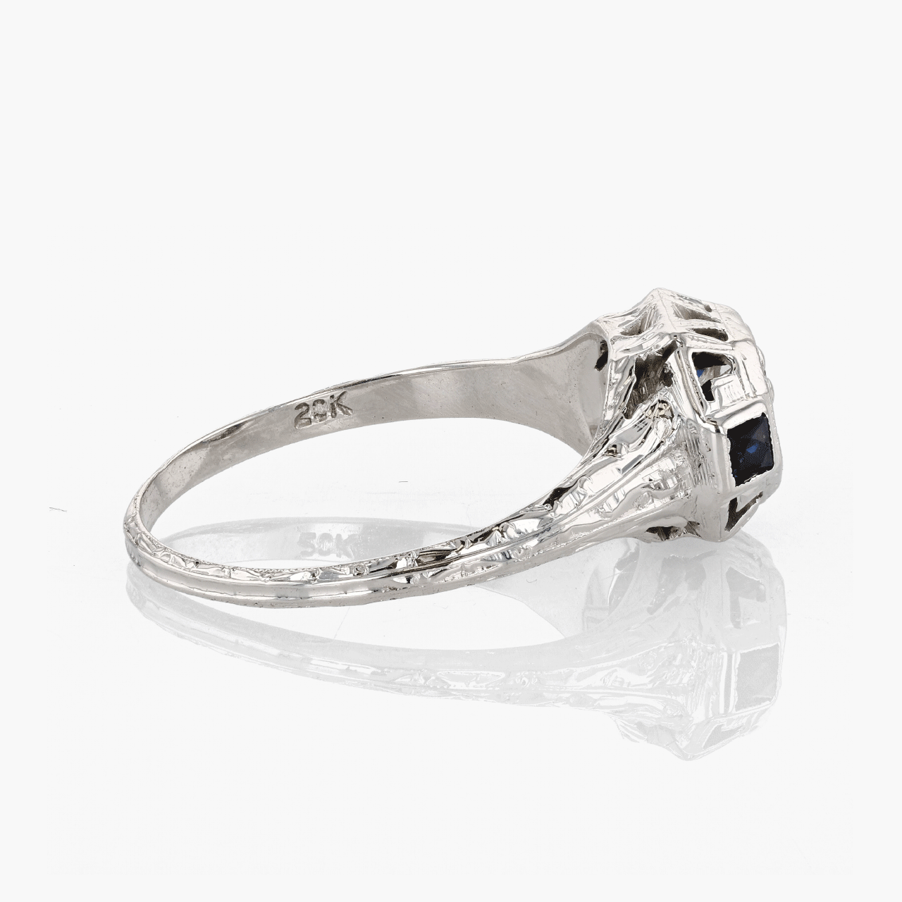 White Gold, Diamond, and Synthetic Sapphire Engagement Ring