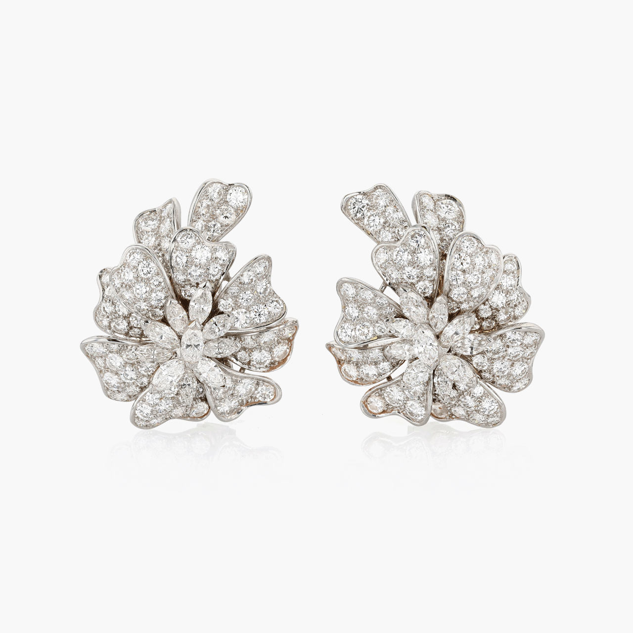 Vintage White Gold and Diamond Floral Earclips