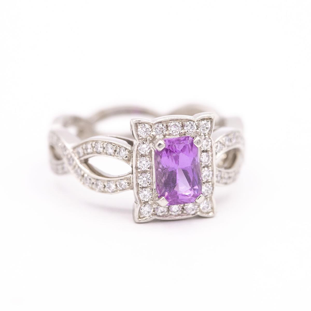 Vintage Platinum Pink Sapphire and Diamond Halo Ring