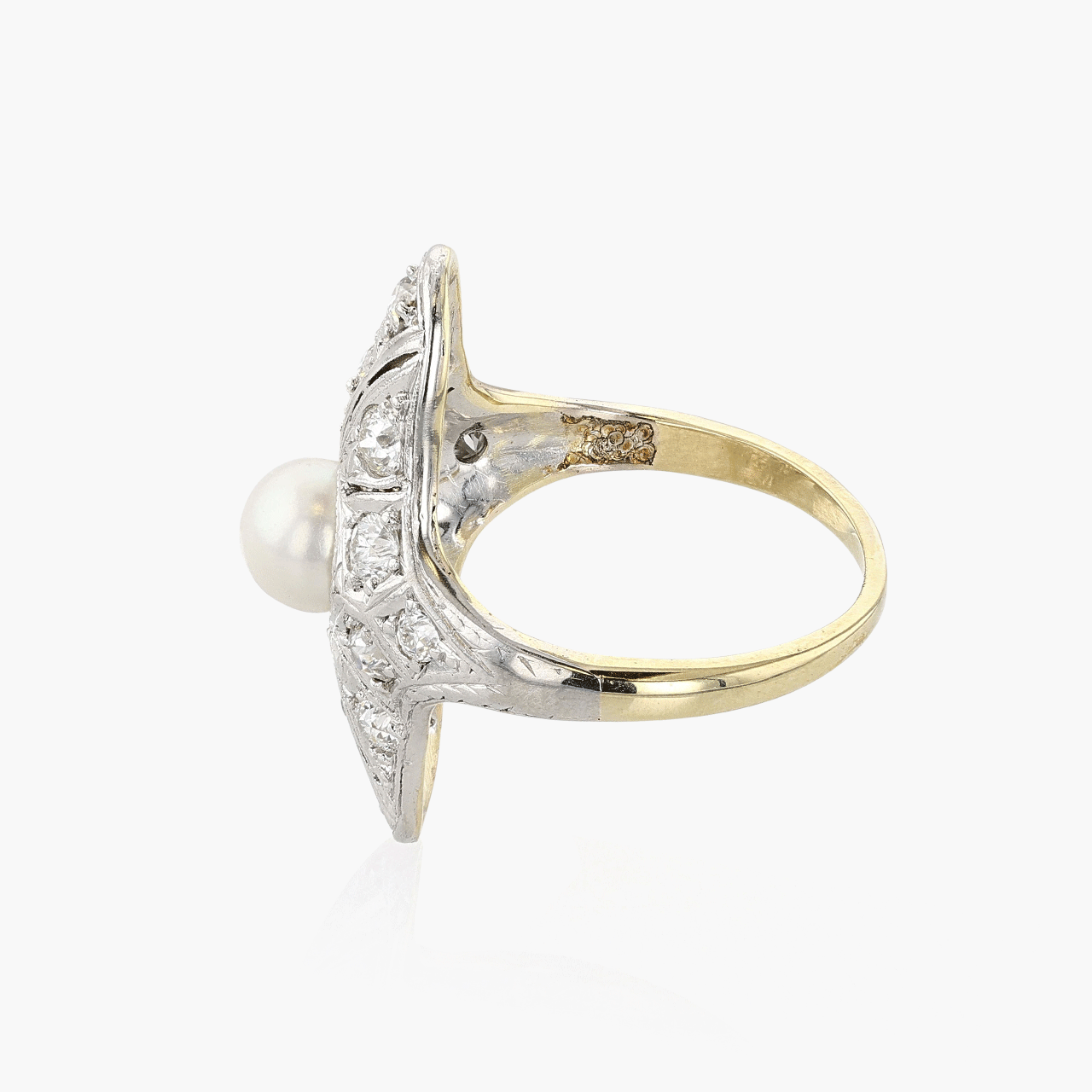 Platinum and Gold Filigree Diamond and Pearl Ring