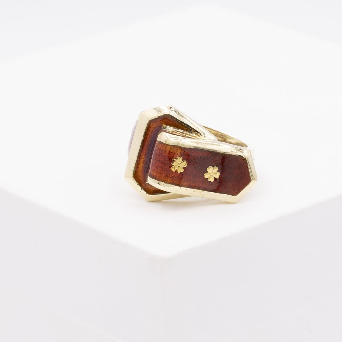 14KT Gold Red Enamel Buckle Ring