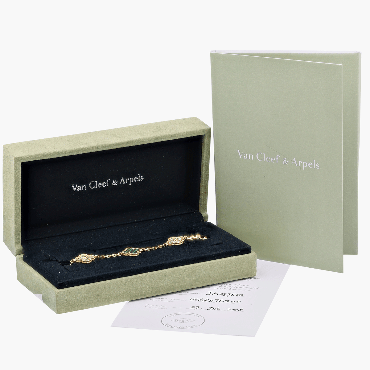 Van Cleef & Arpels Gold, Diamond, and Malachite Five Motif Alhambra Bracelet