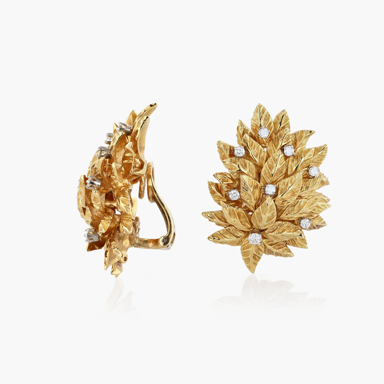 Gold and Diamond Earclips of Leaf Form
