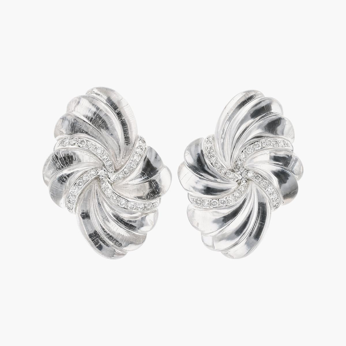 18KT Gold Carved Rock Crystal and Diamond Earrings