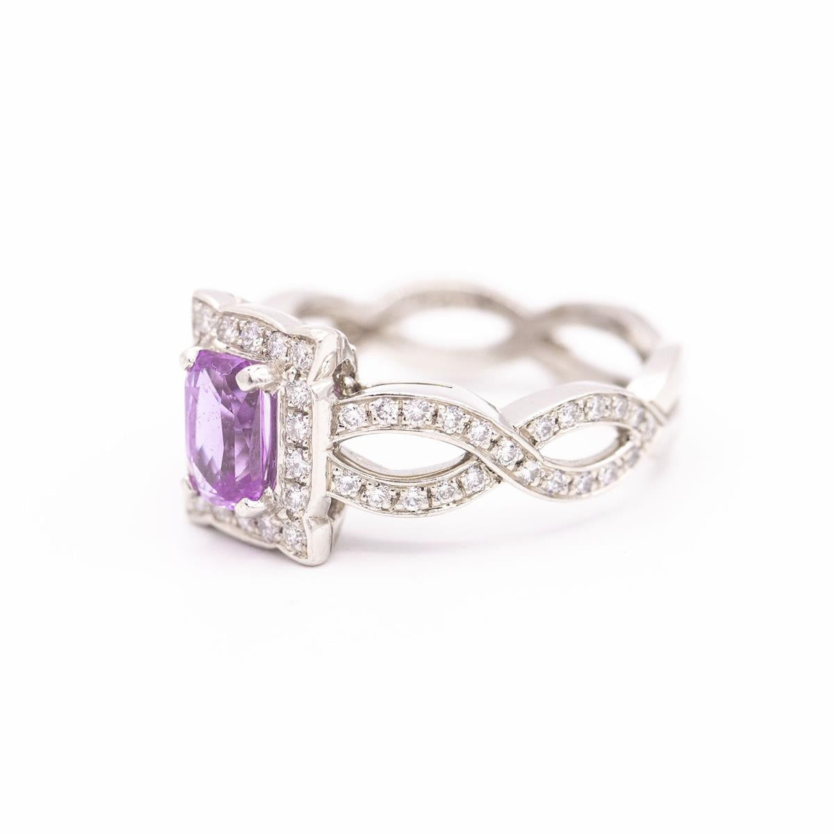 Vintage Platinum Pink Sapphire and Diamond Halo Ring