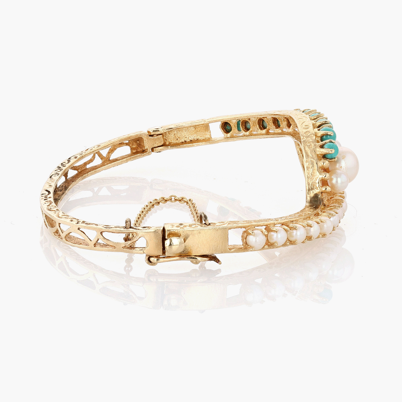 14k Yellow Gold Pearl and Turquoise Bracetet Circa 1960's