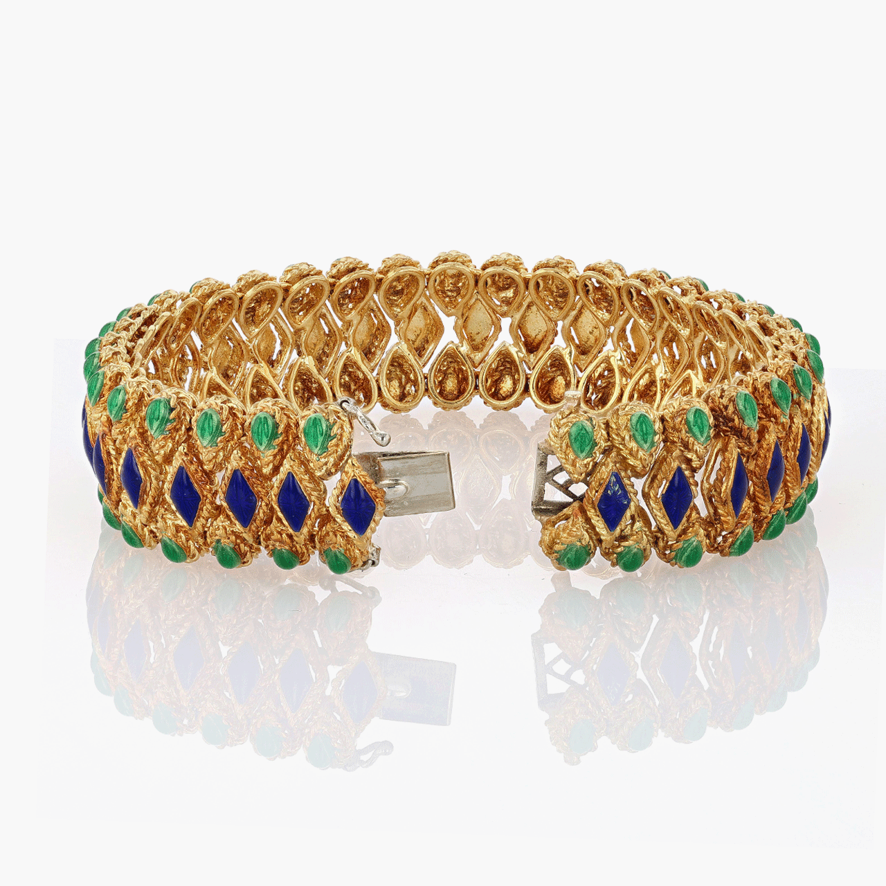 18k Gold Three Row Ename Bracelet Circa 1960's