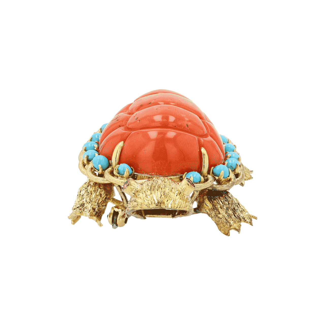 18k Gold Coral and Turquoise Turtle Brooch