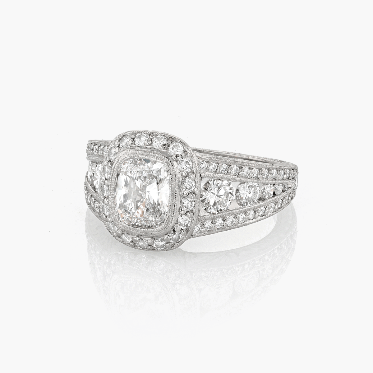 Platinum and Cushion Cut Diamond 1.53 Total Weight Engagement Ring