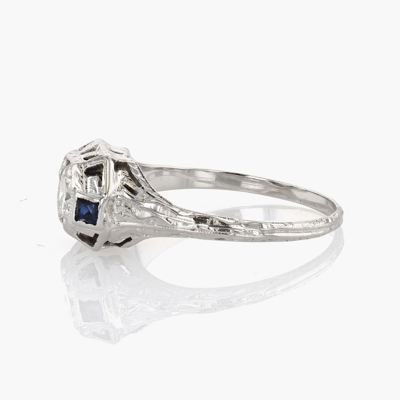 White Gold, Diamond, and Synthetic Sapphire Engagement Ring