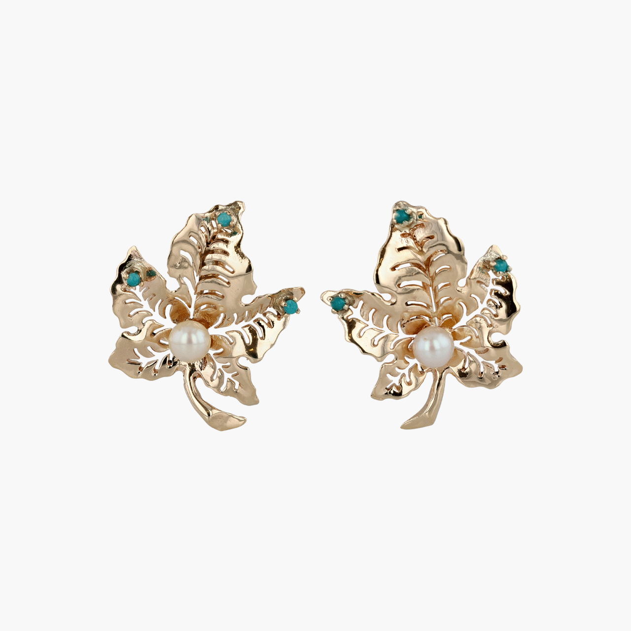 14k Yellow Gold and Pearl Leaf Earrings Circa 1980's