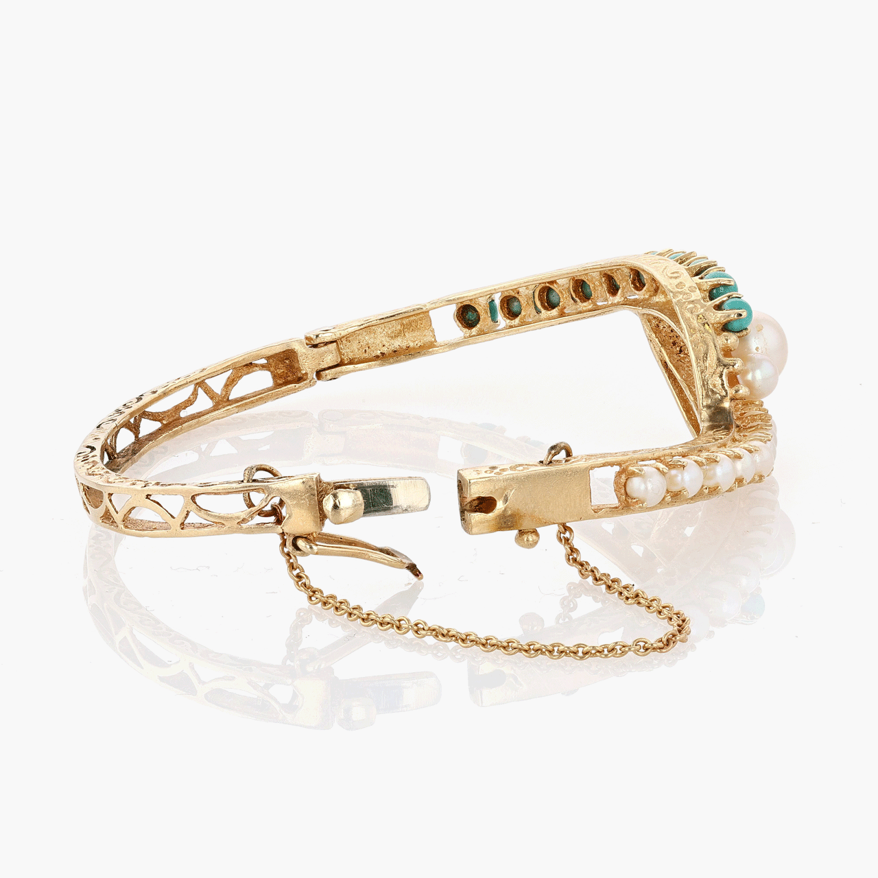 14k Yellow Gold Pearl and Turquoise Bracetet Circa 1960's