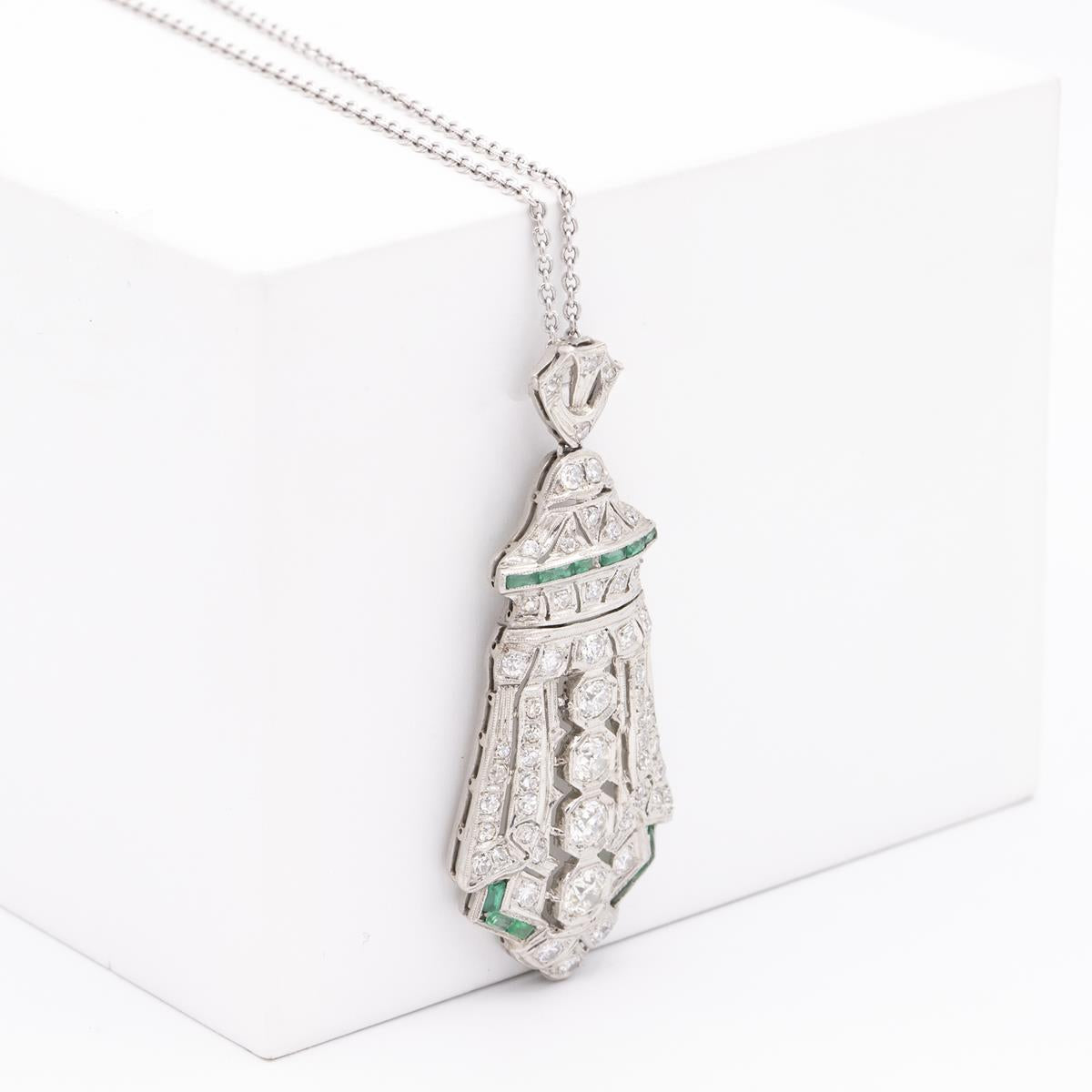 Platinum Diamond & Emerald Shield Shaped Pendant