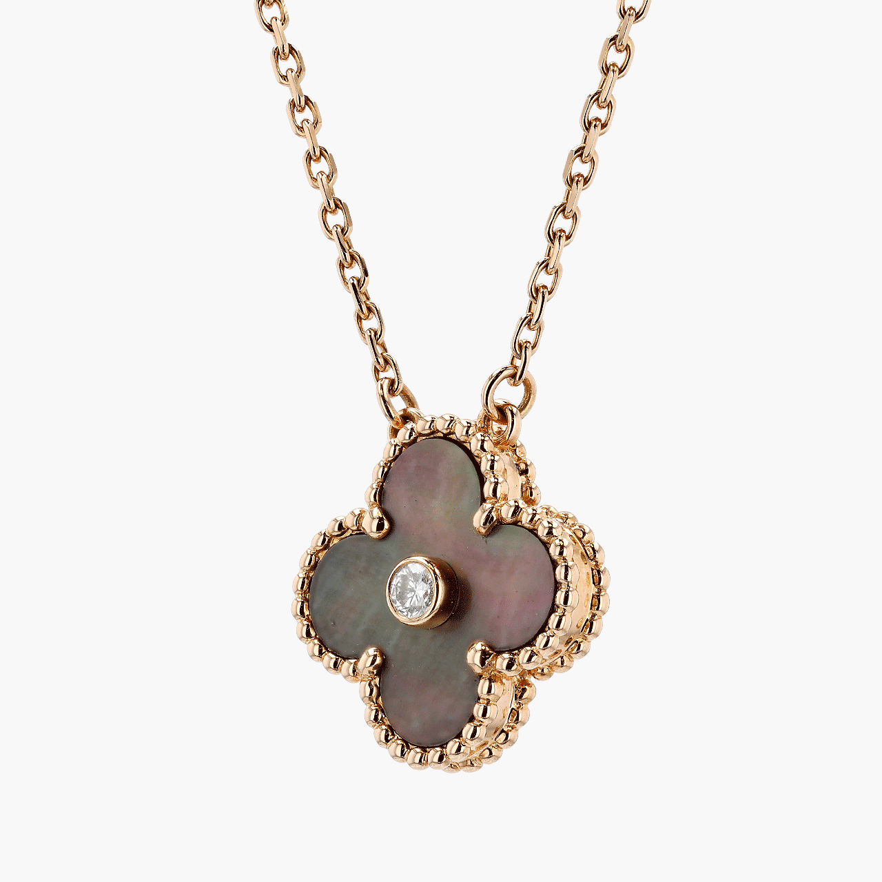 Vintage Van Cleef and Arpels 18k Rose Gold Alhambra Black MOP Diamond Necklace