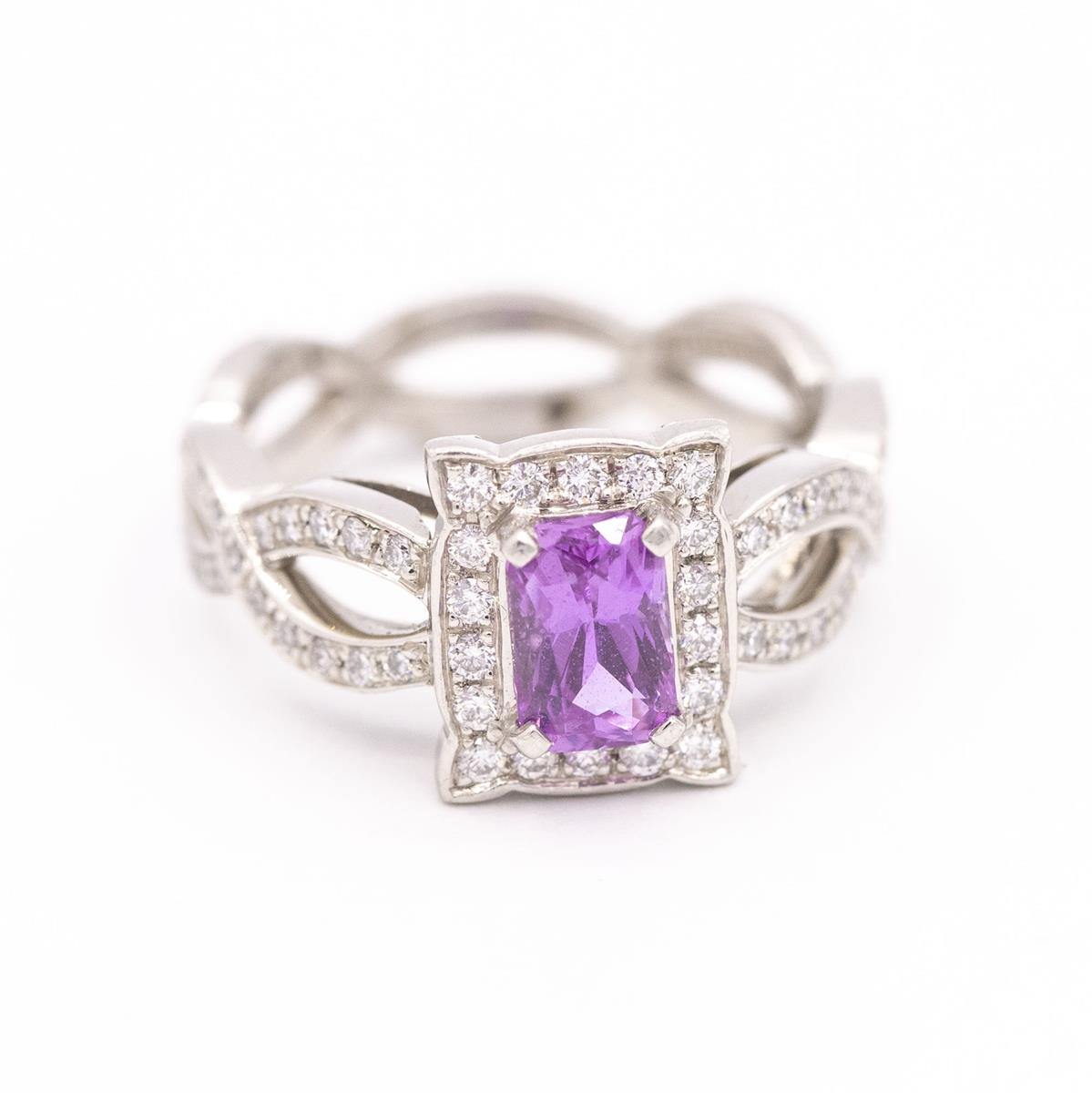 Vintage Platinum Pink Sapphire and Diamond Halo Ring