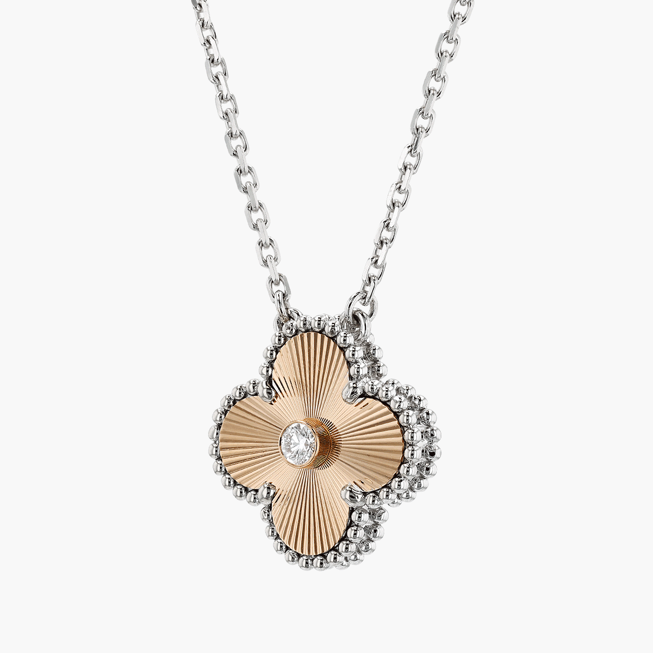 Vintage Van Cleef and Arpels 18k Rose White Gold Guilloché Alhambra Diamond Necklace