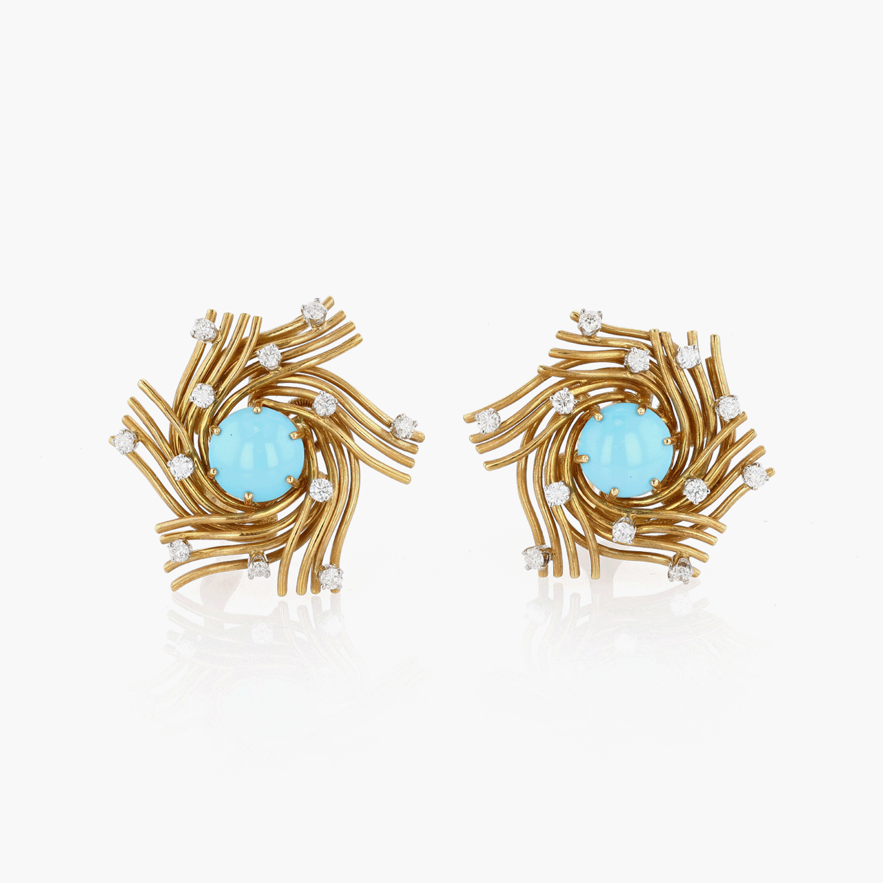 Schlumberger Tiffany & Co. Gold, Turquoise, and Diamond Bird's Nest Earclips