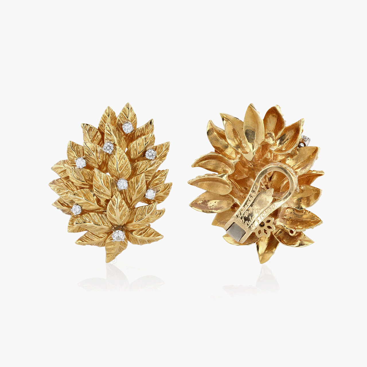 Gold and Diamond Earclips of Leaf Form