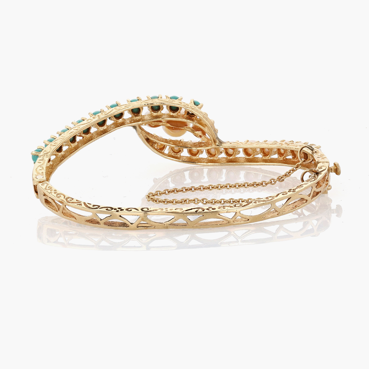 14k Yellow Gold Pearl and Turquoise Bracetet Circa 1960's