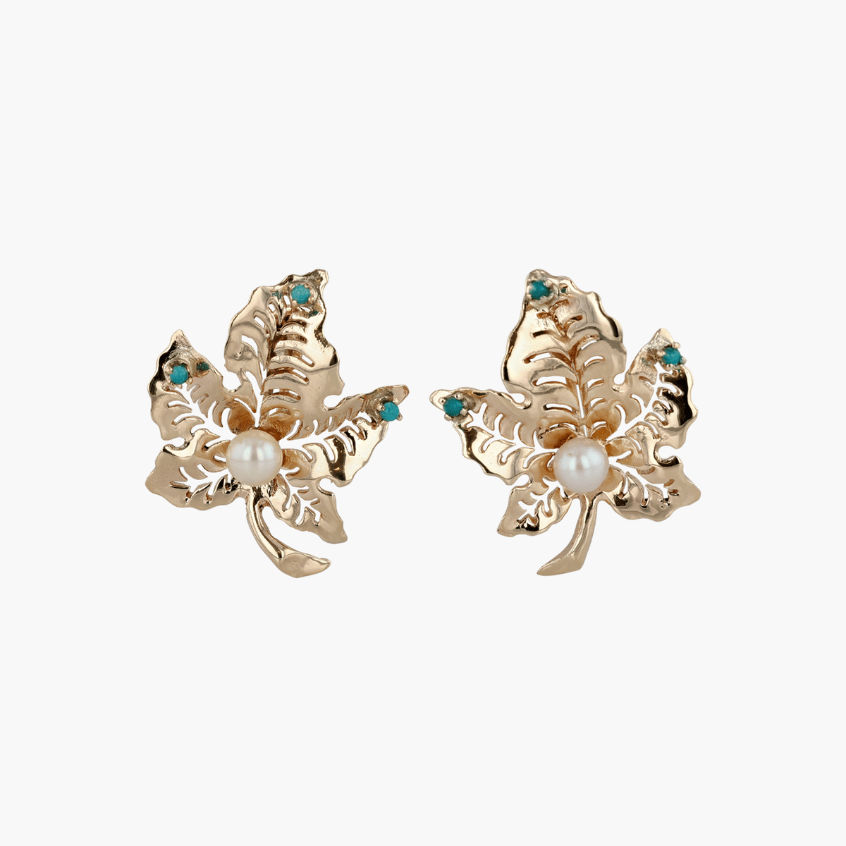 14k Yellow Gold and Pearl Leaf Earrings Circa 1980's