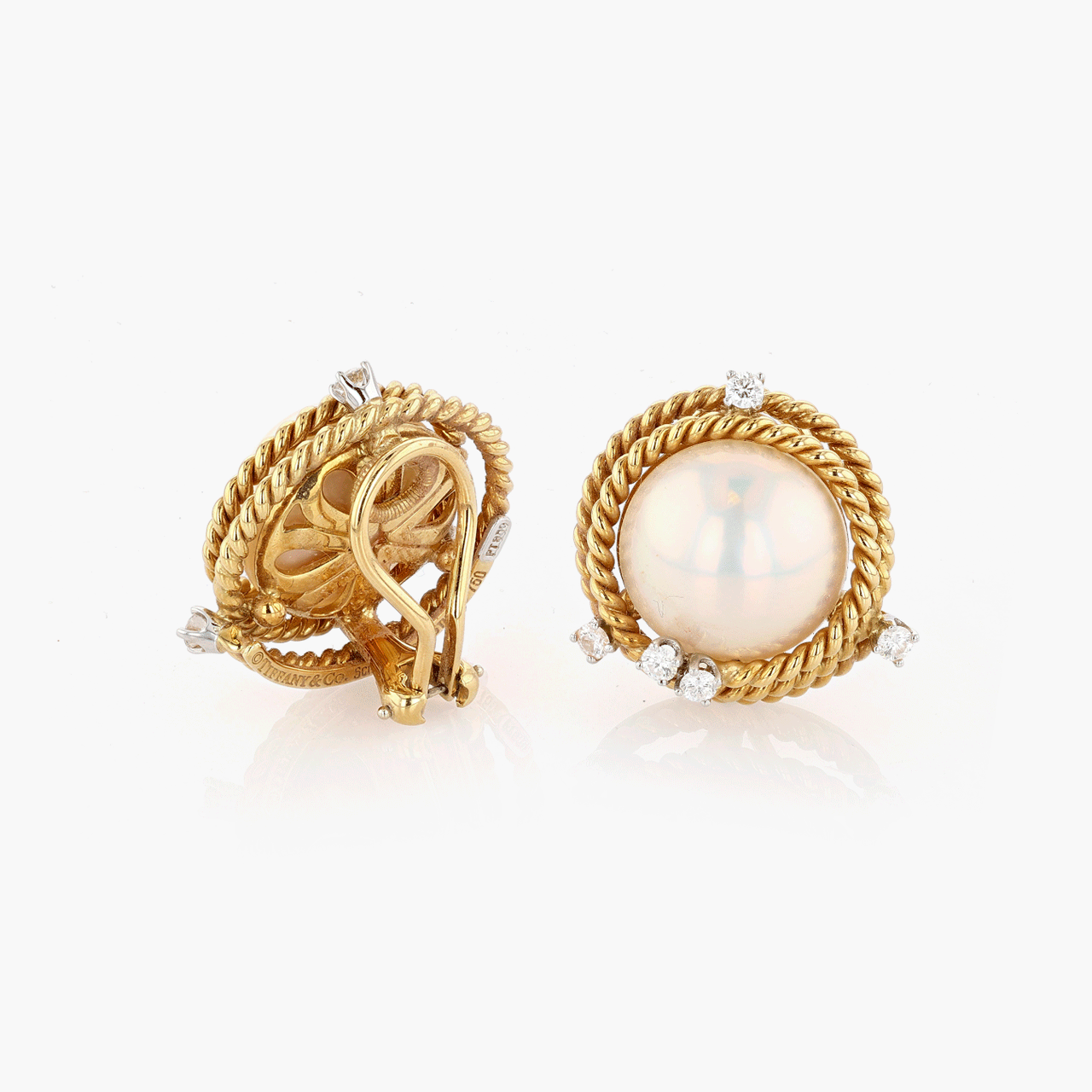 Schlumberger for Tiffany & Co. Platinum, Gold, Mabe Pearl, and Diamond Ear Clips