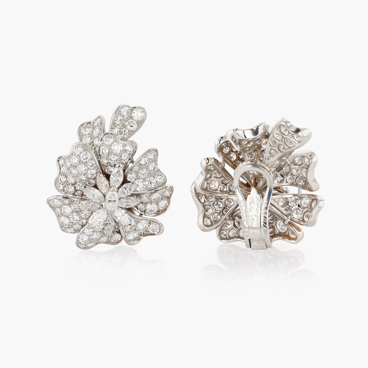 Vintage White Gold and Diamond Floral Earclips