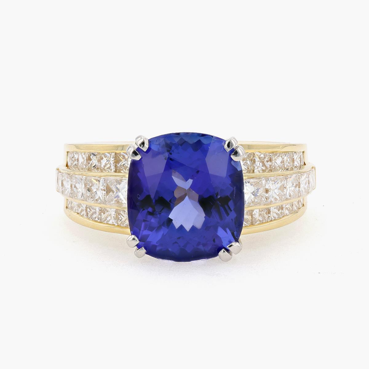 Vintage 18KT Yellow Gold Platinum Tanzanite and Diamond Three Row Ring