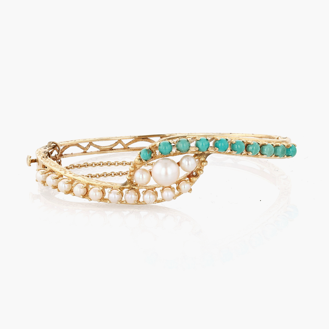 14k Yellow Gold Pearl and Turquoise Bracetet Circa 1960's