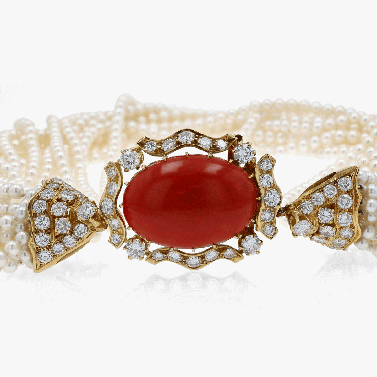 Gold, Diamond, Coral, and Pearl Torsade Necklace