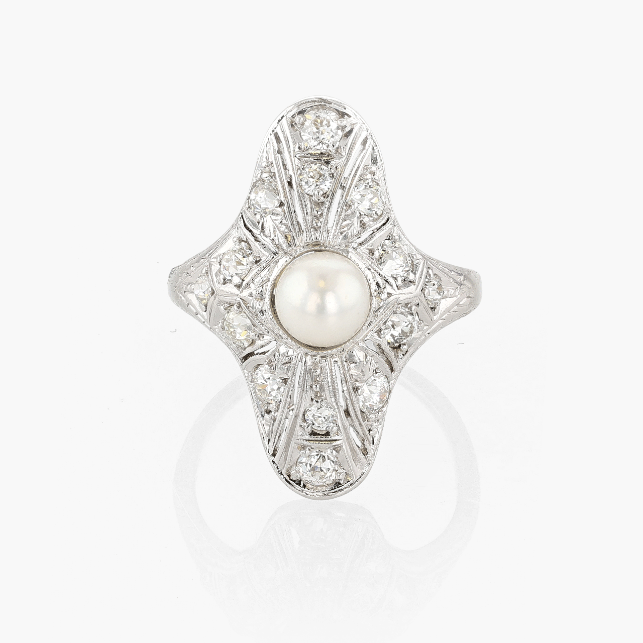 Platinum and Gold Filigree Diamond and Pearl Ring