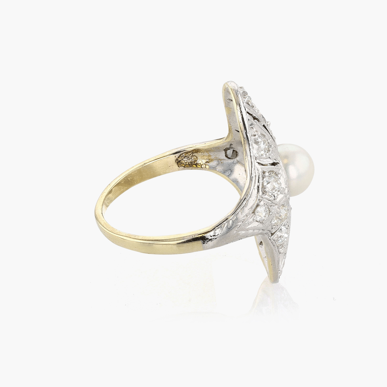 Platinum and Gold Filigree Diamond and Pearl Ring