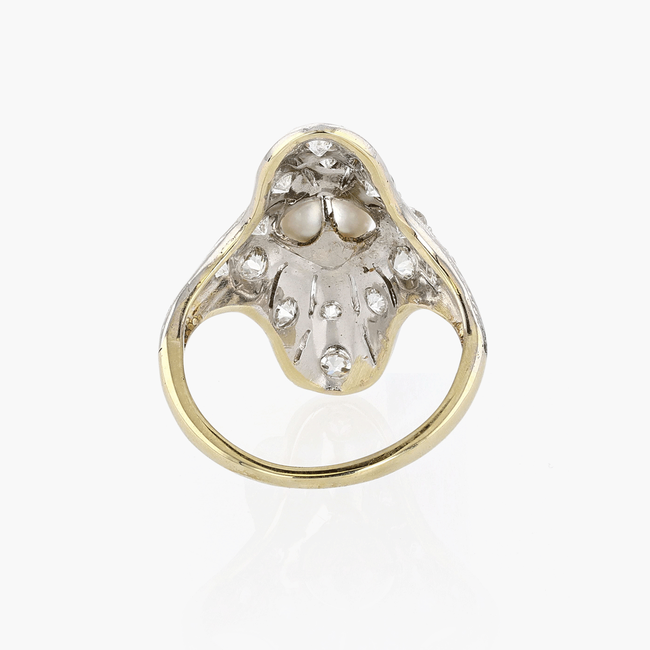 Platinum and Gold Filigree Diamond and Pearl Ring