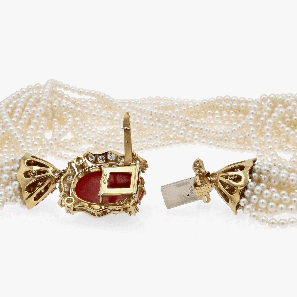 Gold, Diamond, Coral, and Pearl Torsade Necklace