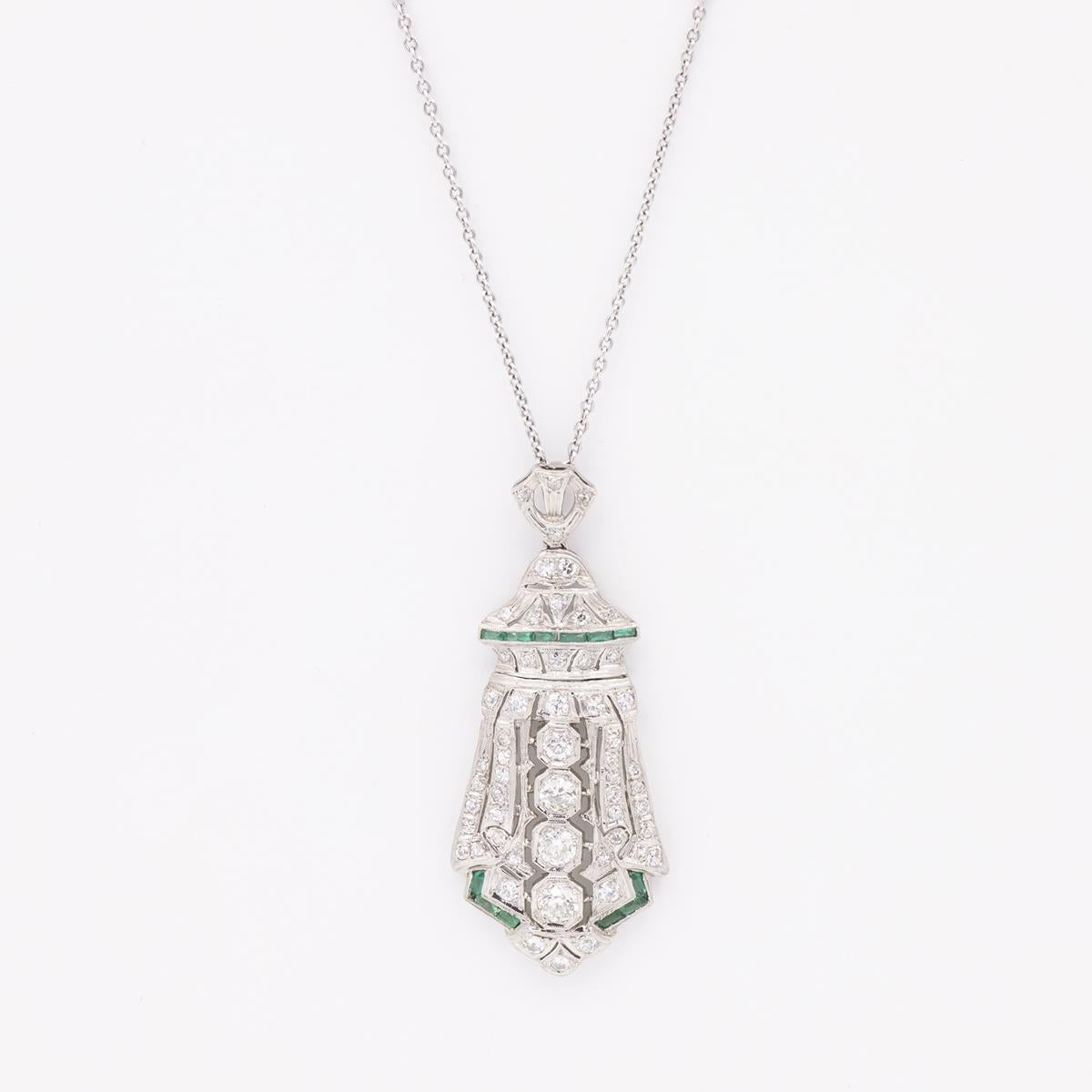 Platinum Diamond & Emerald Shield Shaped Pendant
