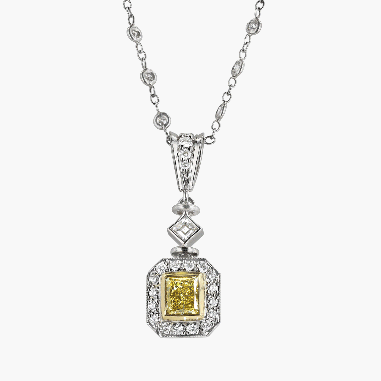 Platinum and 18KT Gold Fancy Radiant 1.02CT Fancy Diamond Necklace