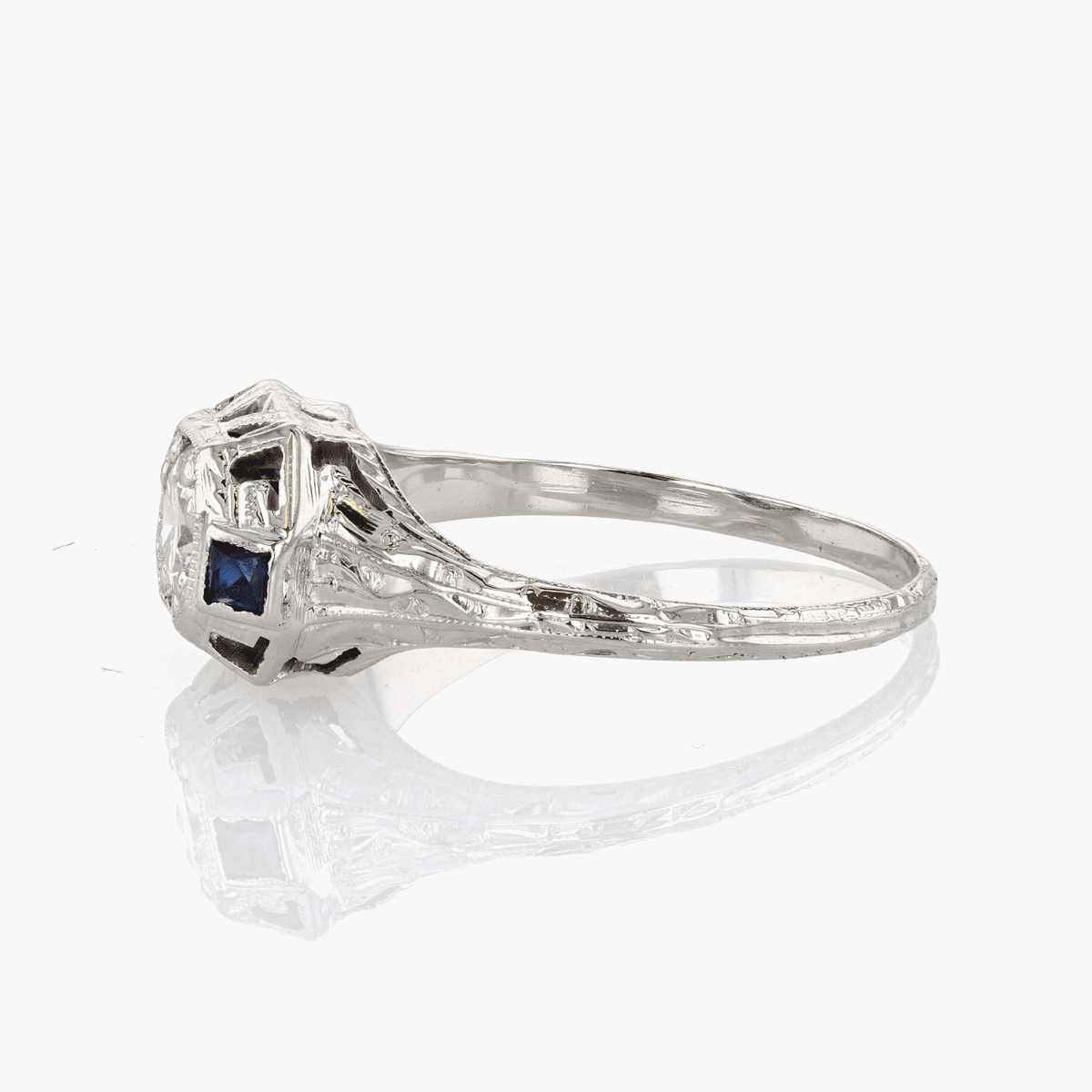 White Gold, Diamond, and Synthetic Sapphire Engagement Ring