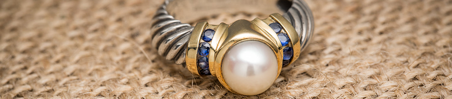 David Yurman Ring with Gold, Sapphires, and a Central Pearl