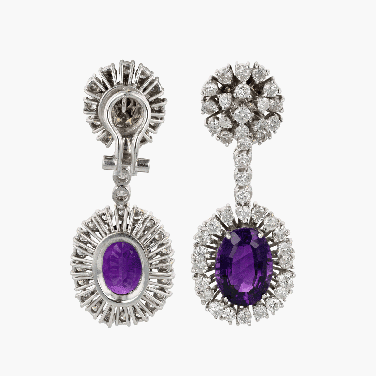 White Gold, Amethyst, and Diamond Drop Earrings