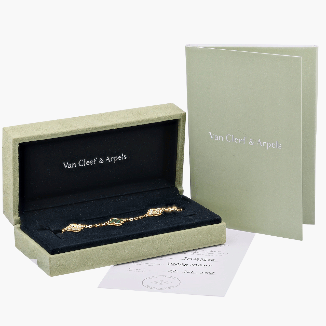 Van Cleef & Arpels Gold, Diamond, and Malachite Five Motif Alhambra Bracelet
