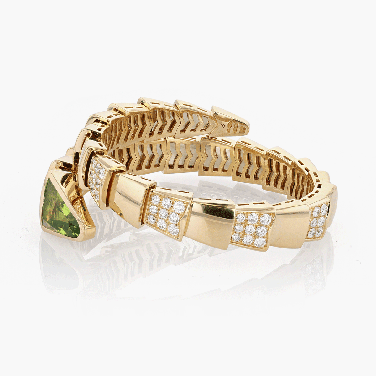 Vintage Bulgari 18k Yellow Gold Peridot and Diamond Serpenti Bracelet