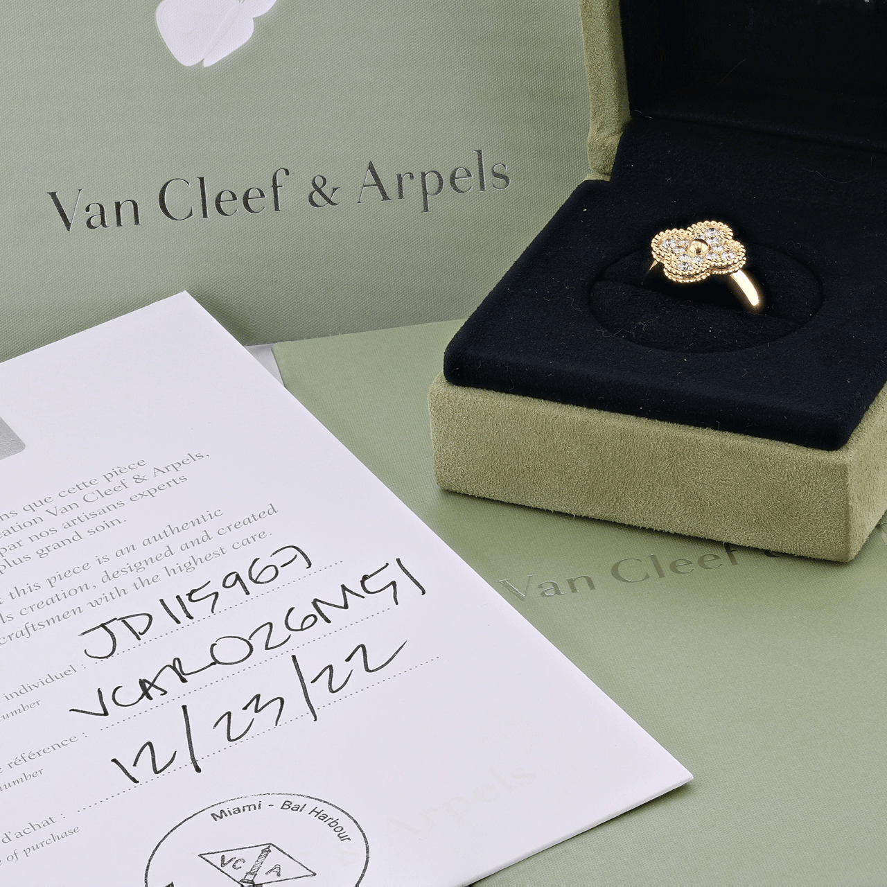 Vintage Van Cleef and Arpels 18k Yellow Gold Diamond Alhambra Ring