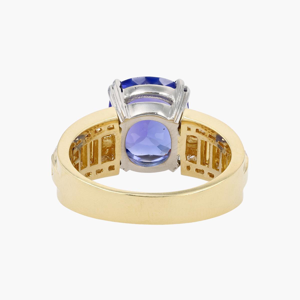 Vintage 18KT Yellow Gold Platinum Tanzanite and Diamond Three Row Ring