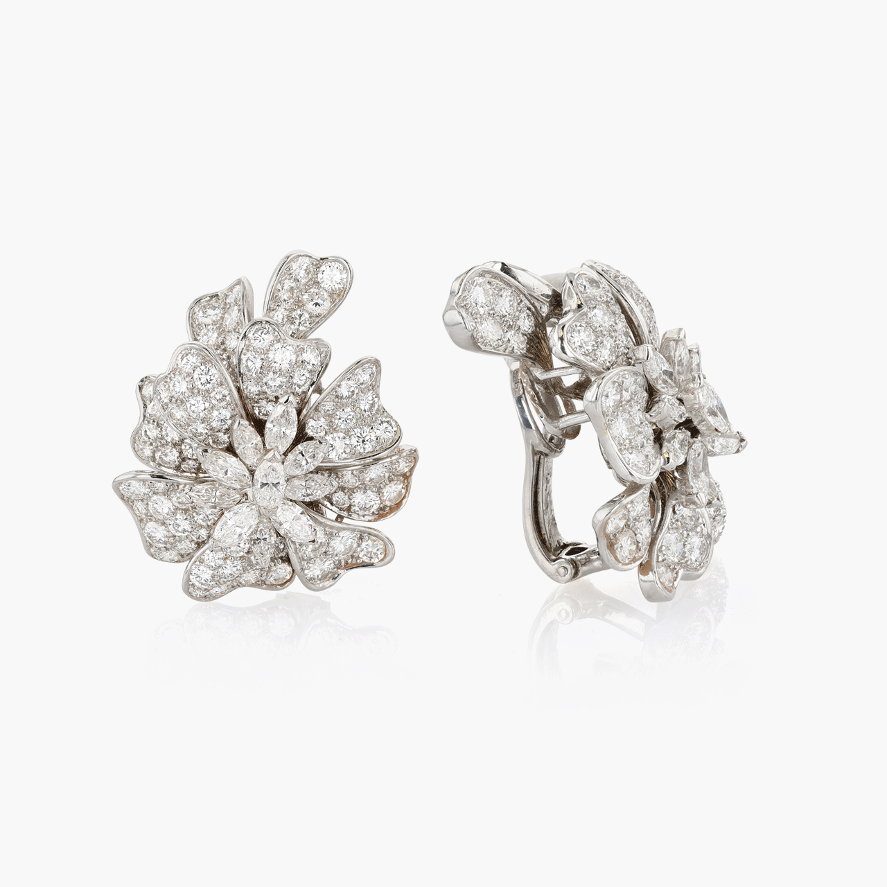 Vintage White Gold and Diamond Floral Earclips
