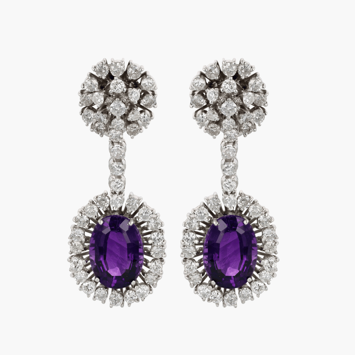 White Gold, Amethyst, and Diamond Drop Earrings