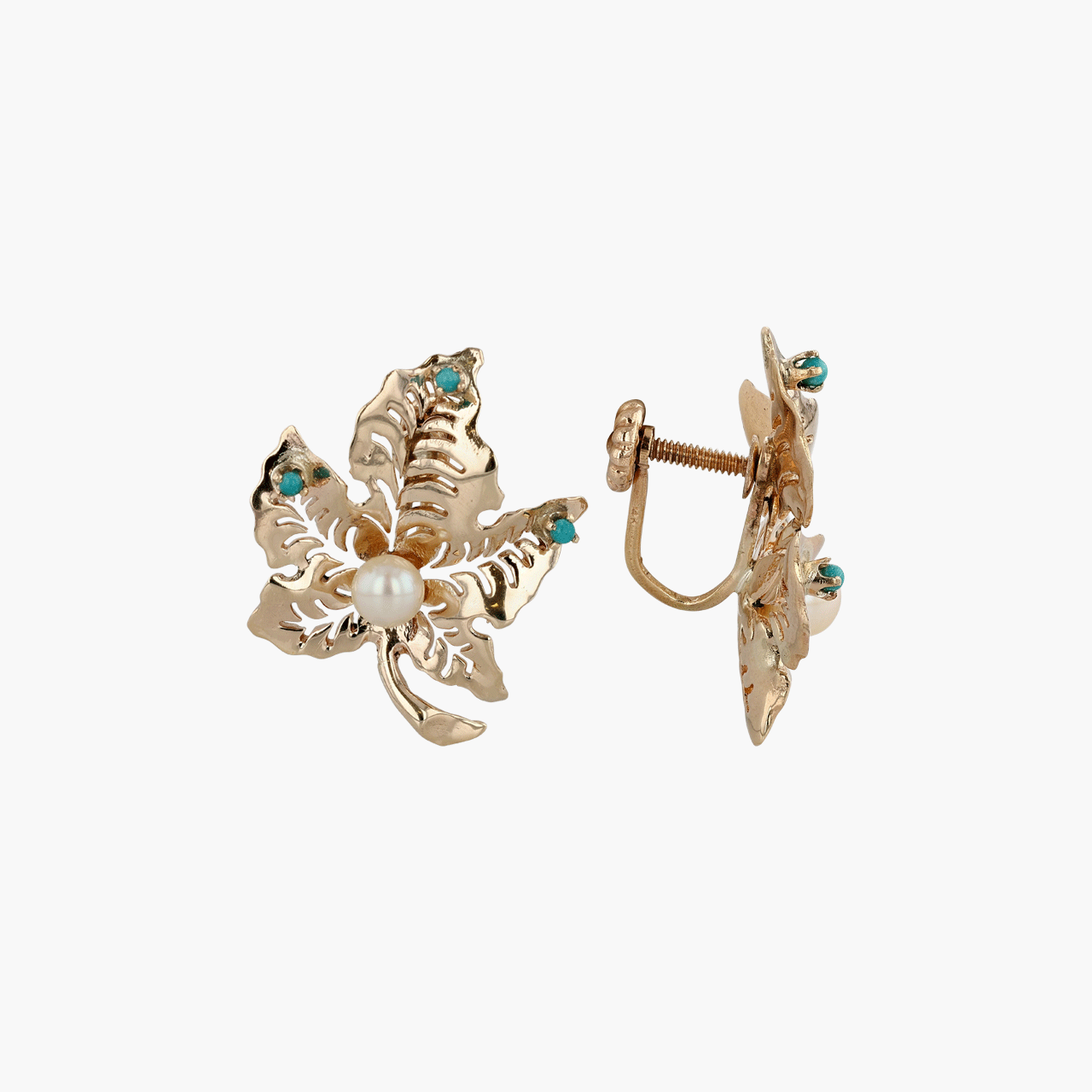 14k Yellow Gold and Pearl Leaf Earrings Circa 1980's