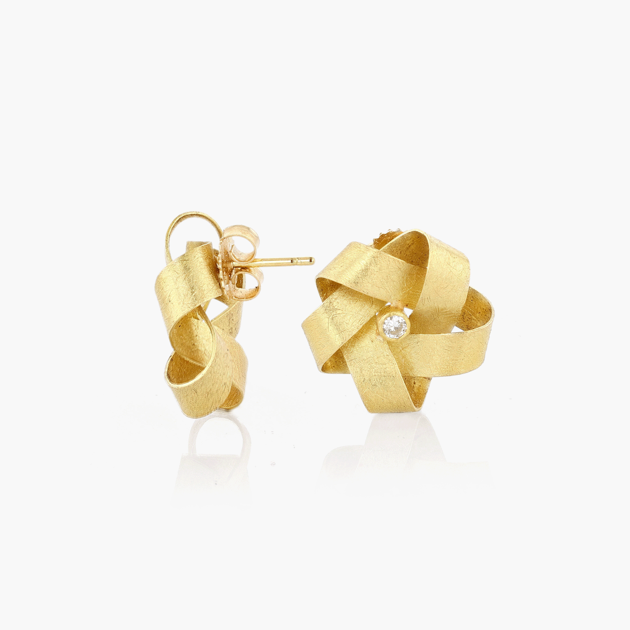 Gold and Diamond Pinwheel Earrings in Brushed Gold