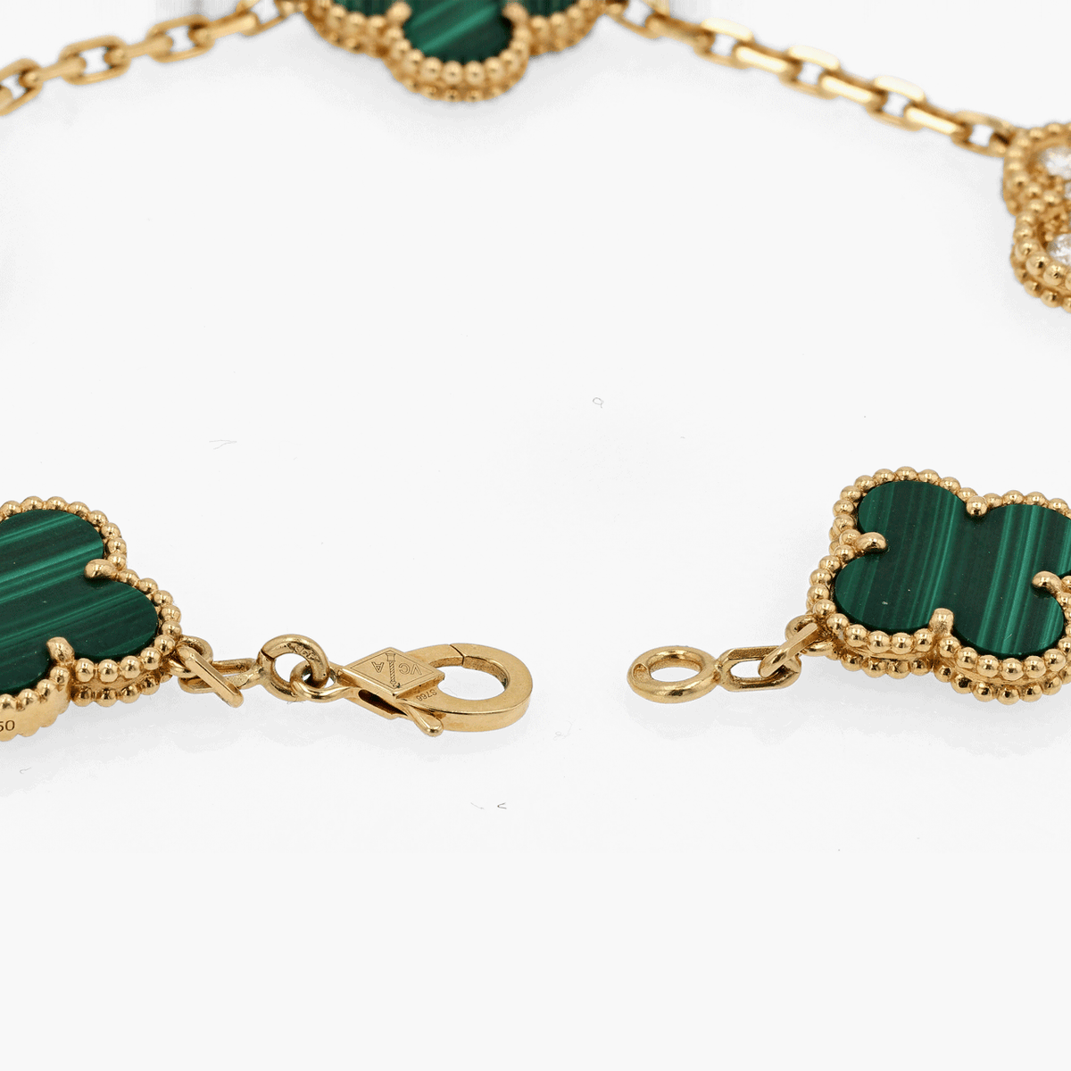 Van Cleef & Arpels Gold, Diamond, and Malachite Five Motif Alhambra Bracelet