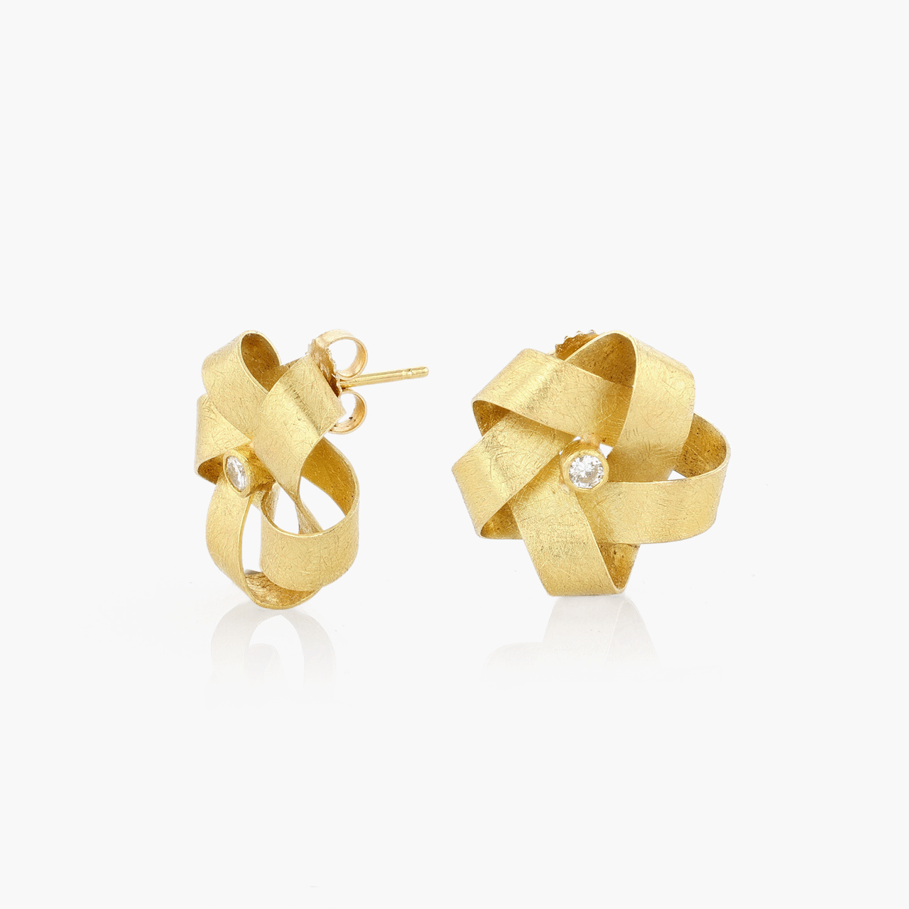 Gold and Diamond Pinwheel Earrings in Brushed Gold