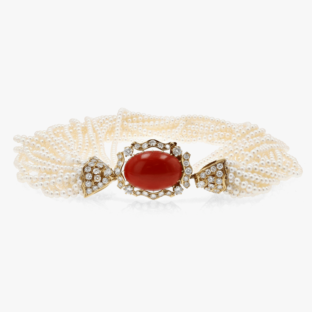 Gold, Diamond, Coral, and Pearl Torsade Necklace