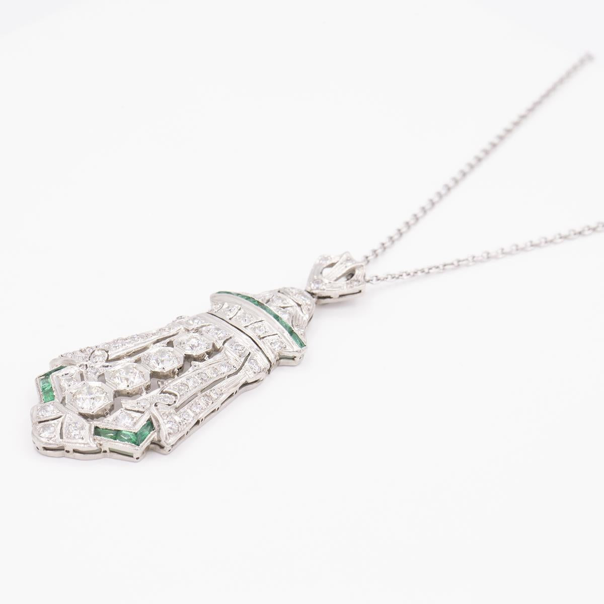 Platinum Diamond & Emerald Shield Shaped Pendant